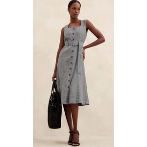 Banana Republic Linen Blend Midi Dress Size 6 Gray Striped Square Neck Belted